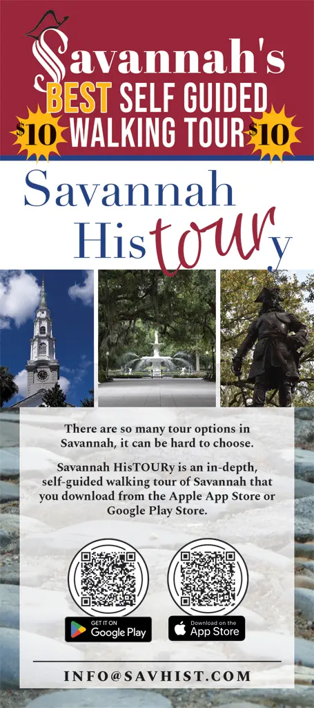 Savannah HisTOURy rack card showing QR codes for Google Play and App Store